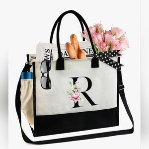 Monogrammed Floral Letter -R- Canvas Tote Bag Zipper Pocket Side Pouch Gift NWT